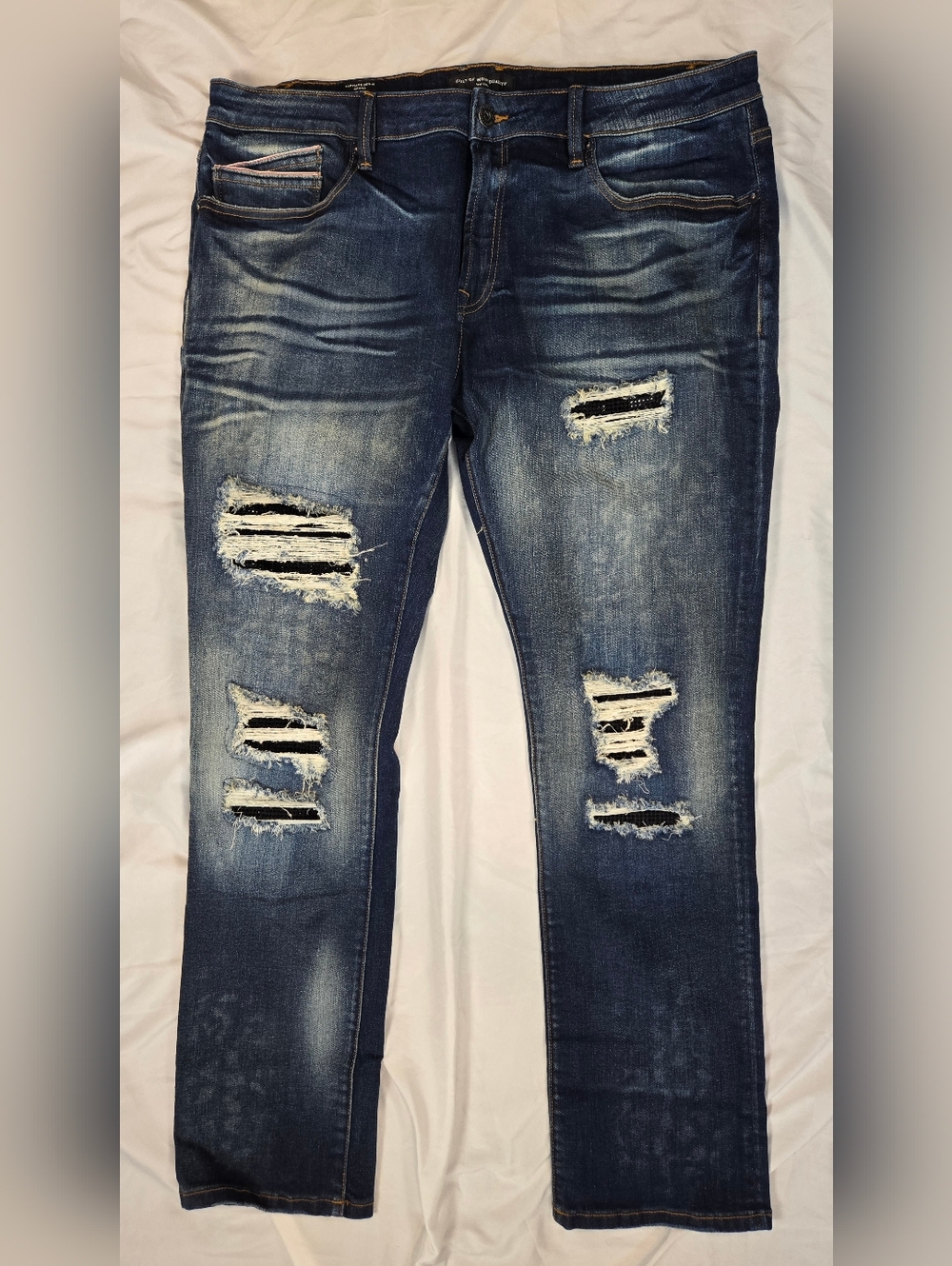 Cult of Individuality Blue Jeans with Black Label Detail Sequin Distressed TK
